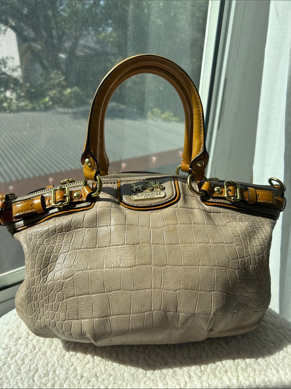 Coach Beige Croc-Embossed Satchel with Mustard Yellow Handles